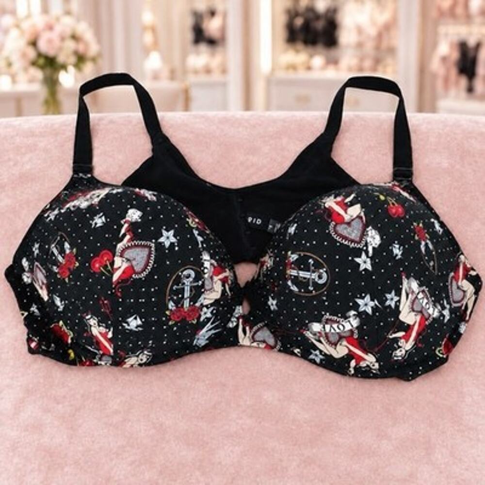 Torrid 46C Push Up Plunge Bra Black Tattoo Pinup Rockabilly